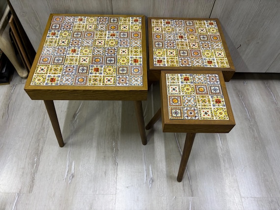 モザイクタイルコーヒーテーブルセット：パイン材リビングルーム家具