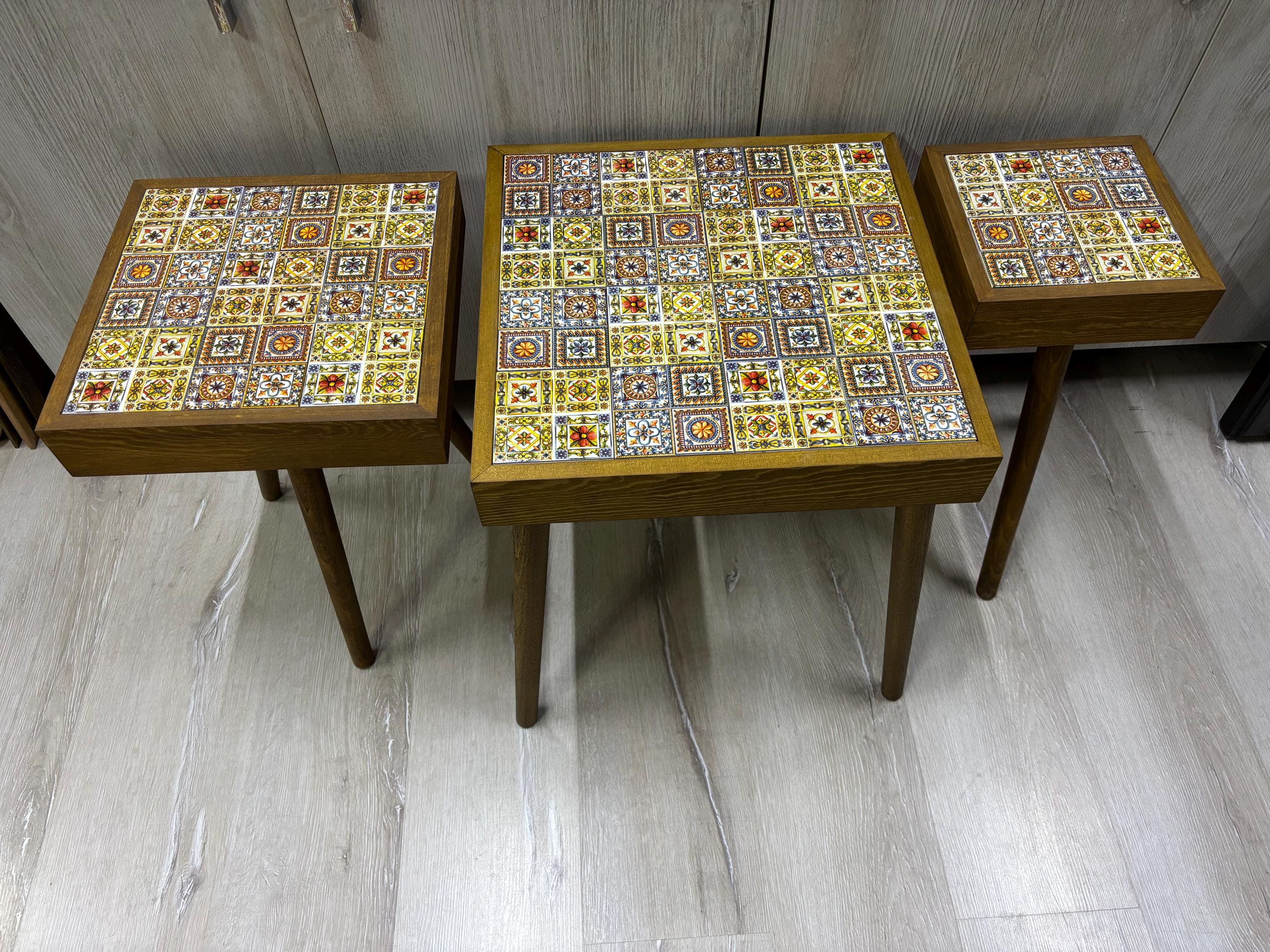 モザイクタイルコーヒーテーブルセット：パイン材リビングルーム家具