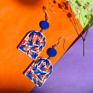 Handmade Polymer Clay Stone Earrings/ Geometric Clay Stone Dangle Earrings/ blue silver earring/abstract earrings/blue orange flower earring