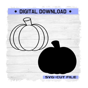 May include: A digital download graphic featuring two pumpkin designs. One is an outline, the other a solid black silhouette. The text "DIGITAL DOWNLOAD" and "SVG-CUT FILE" are displayed on a light blue banner.