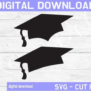 May include: Two black graduation caps, one stacked on top of the other, against a white woodgrain background.  The text "SVG - CUT FILE" is at the bottom of the image.