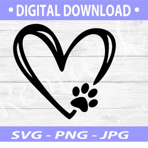 Pode incluir: Gráfico preto em forma de coração com uma pegada de pata na parte inferior. As palavras "DIGITAL DOWNLOAD" estão no topo e "SVG - PNG - JPG" na parte inferior. Fundo claro com textura de madeira.