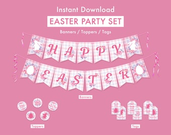Water Color Flower Check pattern Easter Party Kit 2 / Easter Decor / Easter Bunting / Easter Topper / Printable Digital Instant Download