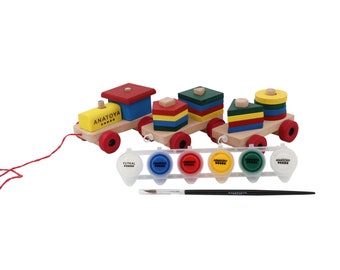 Wooden Toy Train Set with Trailer|Locomotive Train Toy|Toddler Push Toy|Nursery Natural Wood Toy Decor|Waldorf, Montessori Toy Gift For Kids