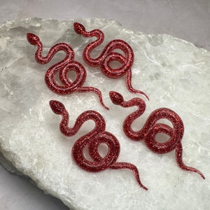 Burning Red Color Snake Earrings Handmade Red Glitter Resin Snake