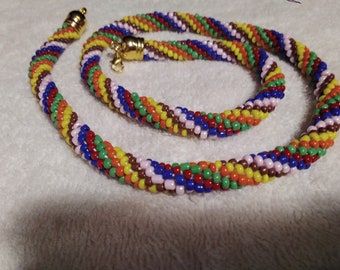 Hand Crocheted 24 Inch Multi-Colored Bead Rope Necklace - J040