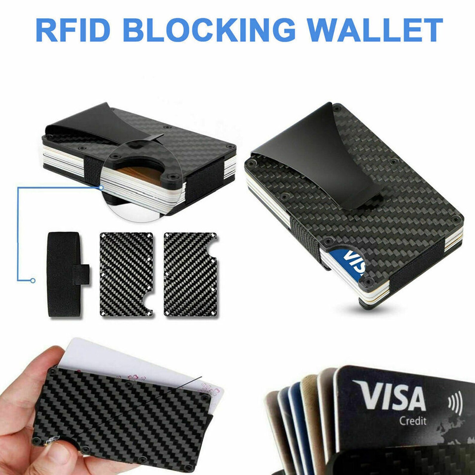 Mens Carbon Fiber RFID Blocking Clip Wallet Money Slim Credit Card