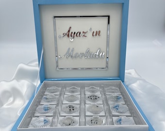 Schokoladen box Blau | personalisiert mit Name Taufe Sünnet Mevlüt Mevlid Geburtstag Acryl Plexi Madlen cikolatasi Kommunion Konfirmation