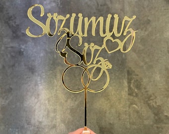 Sözümüz Söz Caketopper | Engagement Nisan Söz Decoration Pleksi Pastaüstü Cake Topper Cake Pick Cake Topper Acrylic Plexiglass 3 mm in Gold