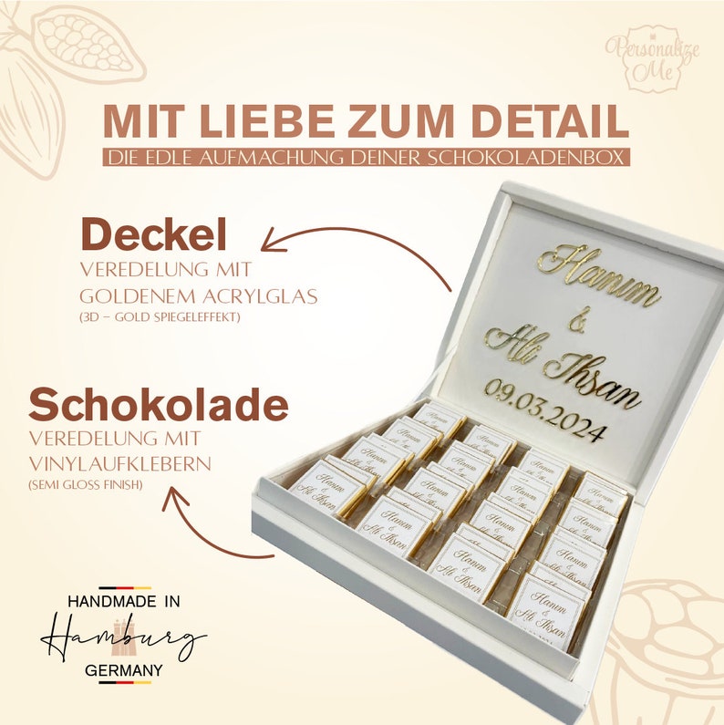 Personalisierte Schokobox Gold mit Name Verlobung Hochzeit Datum Taufe Acryl Plexi Madlen Kiz isteme cikolatasi Sözümüz Söz Nisan Hatirasi Bild 9