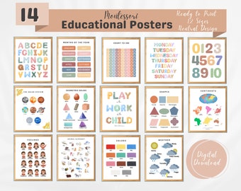 Set of 14 Educational Posters, Montessori Homeschool Prints, Toddler Playroom Neutral Decor, Kids Room Wall Art, Digital Download.