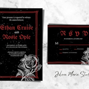 Gothic Rose Wedding Invitation Set w/ RSVP - Red/Black/Gray - I Customize You Print/Email 5x7 Invitation+RSVP - Free Sample/Proof