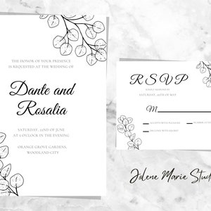 Modern Black Eucalyptus Wedding Invitation Set w/ RSVP - Black/White - I Customize You Print/Email 5x7 Invitation+RSVP - Free Sample/Proof