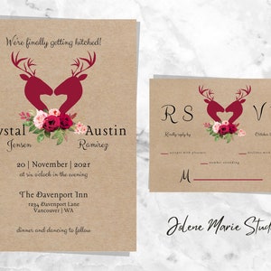 Burgundy Rustic Deer Antler Wedding Invitation Set con RSVP - Ti personalizza stampa / e-mail invito 5x7 + RSVP - Campione / prova gratuito