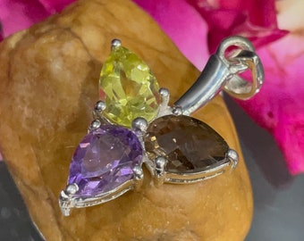 Natürlicher Rauchquarz, LemonTopas, Amethyst -925 Sterling Silber Halskette Anhänger-Handmade Frauen Anhänger-Drei Stein Statement Anhänger