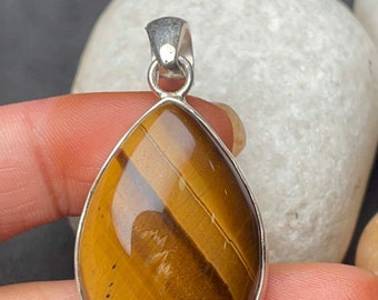 925 Sterling Silver- Natural Tiger Eye Pendant, Tiger Eye Almond Shape Necklace, Handmade Gemstone Pendant Gift, Women Jewelry, Gift Idea