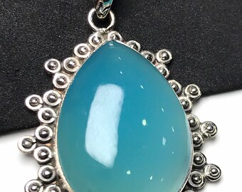 Natural Blue Chalcedony Pendant-Handmade Silver Pendant-925 Sterling Silver Pendant-Blue Pear Chalcedony Pendant-Sagittarius Birthstone
