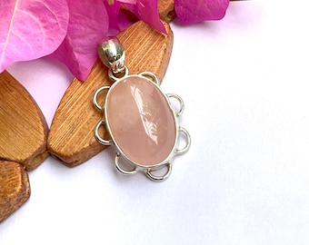 Natural Rose Quartz Pendant, Solid 925 Sterling Silver Necklace Pendant For Women, Handmade Gemstone Pendant For Wedding Anniversary Gift