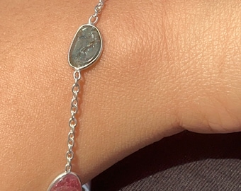 Pulseira de prata de lei 925 com turmalinas múltiplas, pulseira feita à mão, pulseira de prata 925, corrente ajustável, presente para ela, pulseira de 20 cm (8 polegadas).