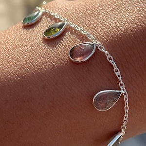 Multi Tourmaline Bracelet, Handmade Pear Shape 8 Inch Gemstone Beaded Bracelet, Silver 925 Bracelet, Adjustable Silver Chain Womens Bracelet