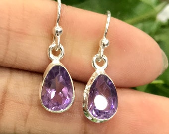 Natürliche Amethyst Ohrringe, Handgemachte Silber Ohrringe, 925 Sterling Silber, Birne facettiert, Februar Geburtsstein, Baumeln Tropfen Ohrring, Für Geschenk