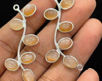 Natural Peach Moonstone Gemstone connector, 925 Solid Sterling Silver Jewelry Making Oval Shape Gemstone Charm Connector, Gift For Her