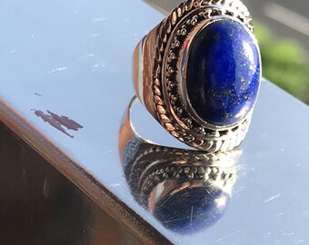Lapis lazuli-ring, 925 sterlingzilveren ring, edelsteenring, ring september geboortesteen, boho-ring, cocktailring, beloftering, bruidsring