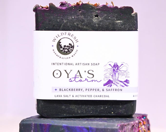 Oya’s Storm – Intentional Ritual Bar Soap | Orisha-Inspired | Blackberry, Pepper & Saffron | Activated Charcoal, Black Lava Salt