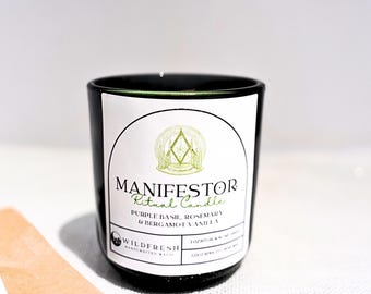 Manifestor Ritual Candle – 2.5 oz Wood Wick, Purple Basil, Bergamot Vanilla + Herb Pouch