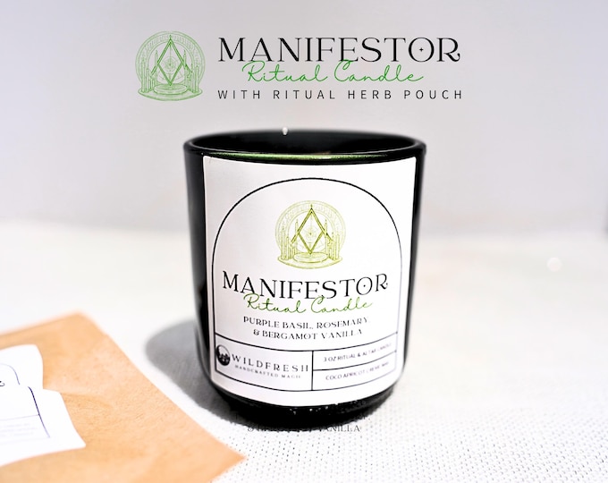 Manifestor Ritual Candle – 2.5 oz Wood Wick, Purple Basil, Bergamot Vanilla + Herb Pouch