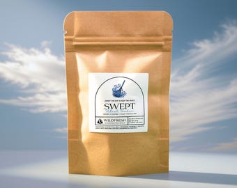 May include: A brown kraft paper stand-up pouch with a white label featuring a blue broom illustration and the text SWEPT RITUAL POWDER, SWEEP THE DIRT & KEEP THE PEACE, ENERGY CLEARING + PEACE PROTECTION, WILDFRESH HANDCRAFTED MAGIC, NET WT 1.5 OZ.