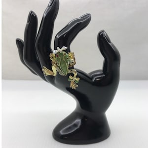 Vintage Pave Tree Groda med trollslända Cocktail Guldfärgad Statement Elastisk Ring 6.5