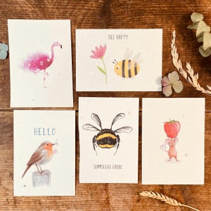 Einpflanzbare Postkarten (5 Stk.) aus Saatpapier Nachhaltige Samenpapier Karten mit Hummel, Rotkehlchen, Maus / Grußkarten Set mit Tieren