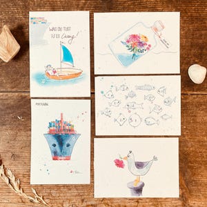 Nachhaltige Postkarten Maritim (5 Stk.) zum Einpflanzen aus Saatpapier Samenpapier Karten mit Möwen und Schiffen / Grußkarten Set vom Meer