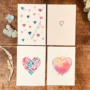 Einpflanzbare Postkarten (4 Stk.) aus Saatpapier Nachhaltige Samenpapier Karten mit Herzen / Geschenkidee Blumen / Grußkarten Set von Herzen