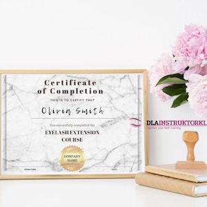 Certificate of Completion, Eyelash extension certificate, template of certification, editable