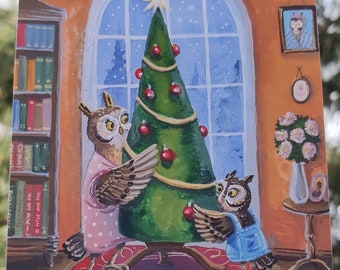 Christmas Tree Owls Postcard Watercolor Matte Printed Art Postcard