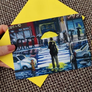 Biglietto artistico con ombrello giallo Come ho incontrato tua madre Matrimonio Romantico ombrello giallo Pittura a guazzo Cartolina opaca A6