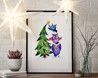 Three cute owls decorating Christmas tree downloadable postcard print