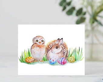 Easter Bunny Printable Card Owl and Bunny Last Minute Card Download Watercolor Easter Card for Print