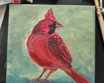 Red Cardinal Palette Knife Mini Painting Christmas gift