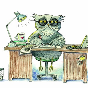 Workaholic Owl Carte postale Bureau Humour Heures tardives Carte de collègue Carte de collègue Office Owl Night Owl Aquarelle Art Carte postale A6 Matte Card