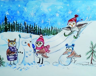 Owls Playing in Snow Winter Christmas  Watercolor Postcard