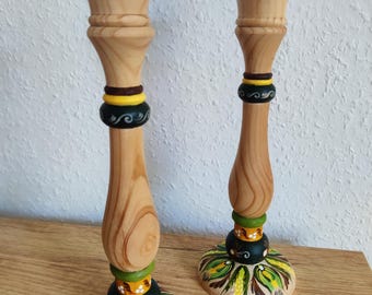 Hand-painted wooden candle holders Petrykivka Ukrainian art