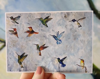 Postcard Hummingbird Flock Flying in Blue Sky Acrylic Painting Matte Art Po