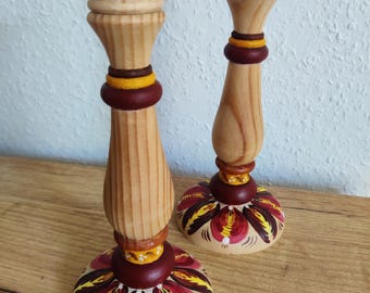 Hand-painted wooden candle holders Petrykivka Ukrainian art