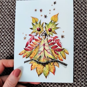 Cartão Postal Coruja de Outono Folhas Amarelas Tamanho A6 Cartão Postal Coruja