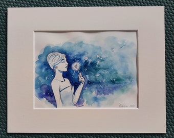 Dandelion surreal romantic lady star dust blue watercolor