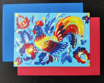 Petrykiwka Huhn Ukrainische postkarte Blau Rot