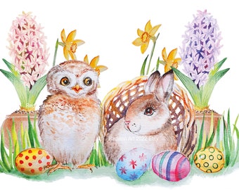 Easter Bunny Card Owl and Rabbit Watercolor Easter Card